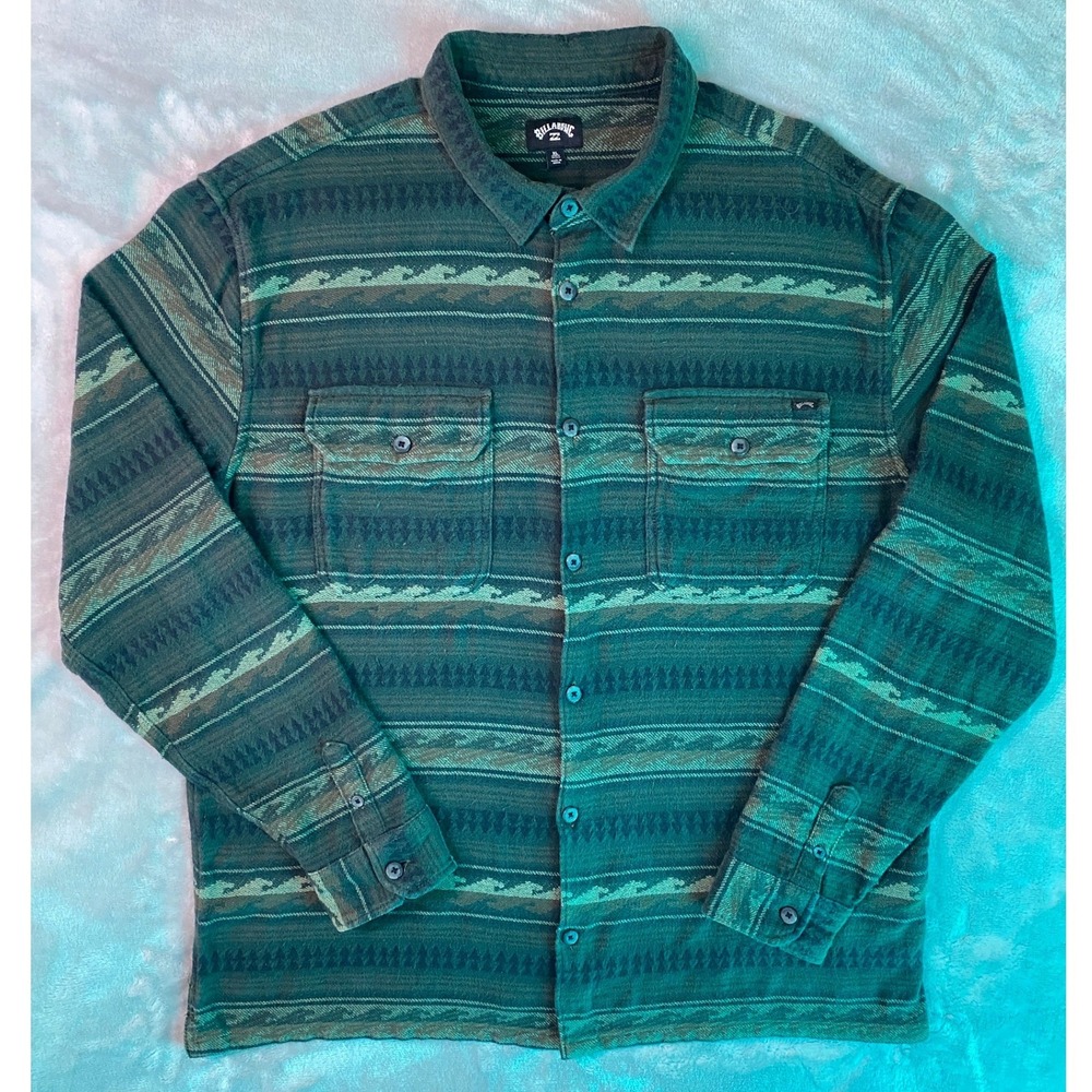 Billabong Heavyweight Jacquard Flannel Shirt Men XL Green Tribal Wave ABYWT00249